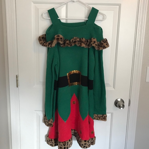 Christmas Holiday Time Elf Leopard Trim Off Shoulder Sweater Dress Size XL 16-18 - Picture 2 of 6